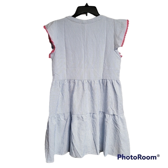 Andree By Unit Blue And White Pinstriped Pink Trim Ruffle Sleeve Baby Doll Dress - Picture 3 of 8